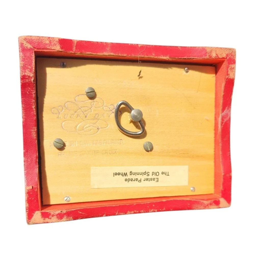 Vintage Lucky Day Swiss Music Box Red Cherub Relief Easter Parade Wood Jewelry